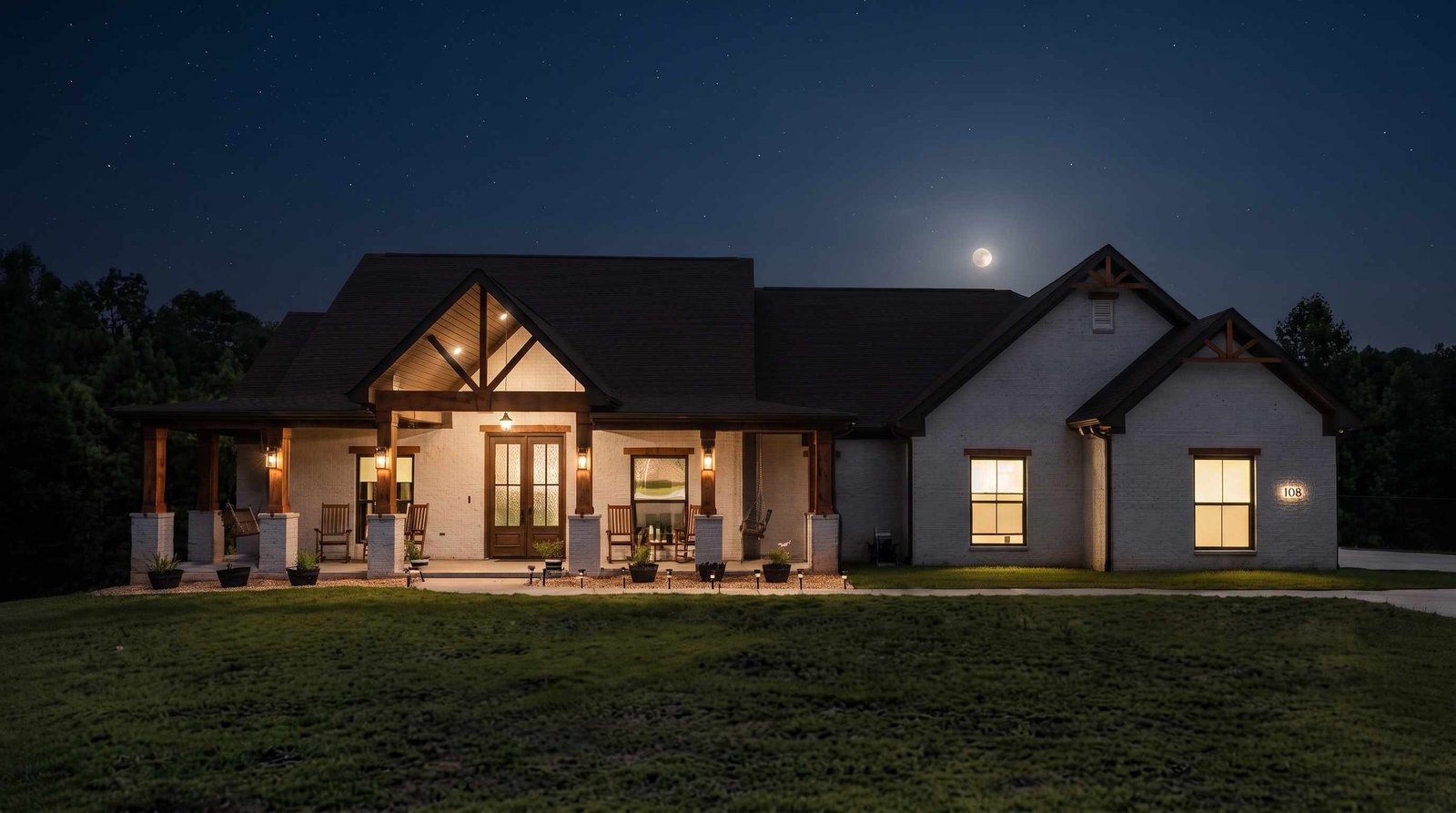 White brick craftsman home with covered front porch and timber accents under a moonlit night sky in Blossomwood, Huntsville Alabama
